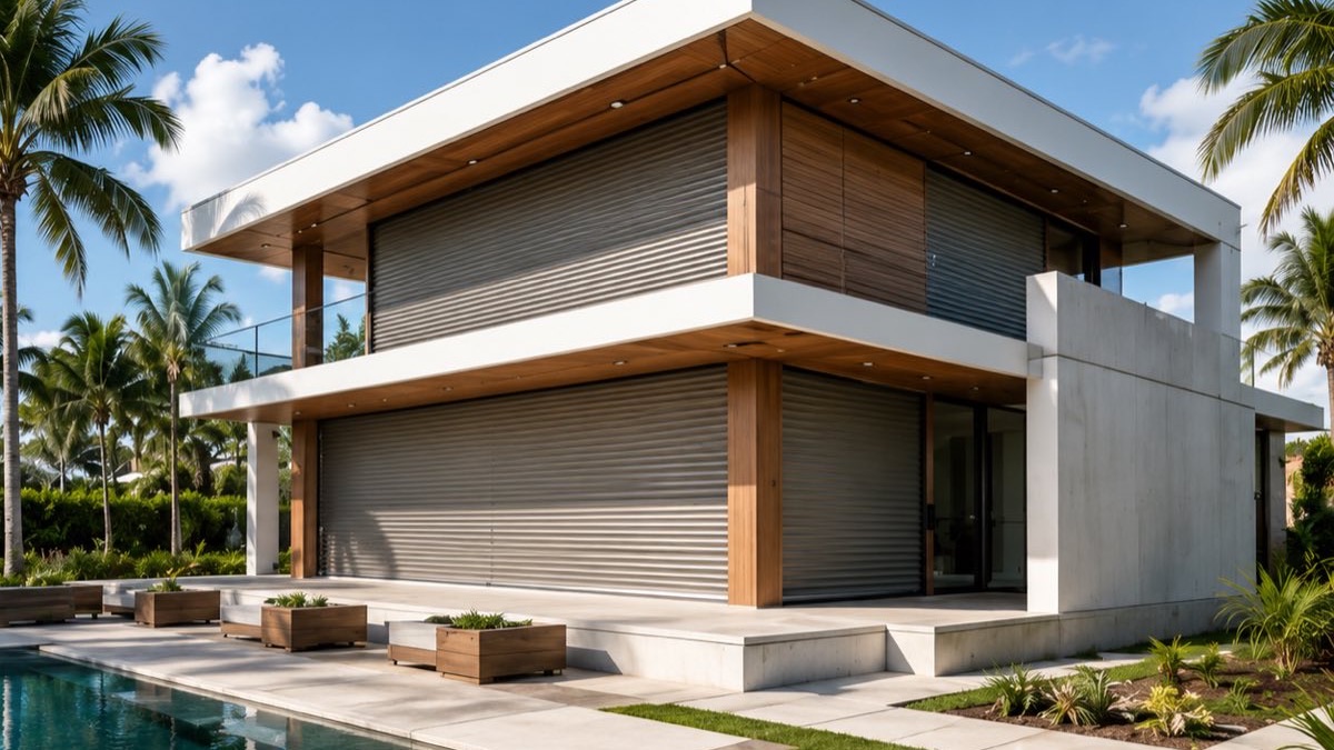 Roll-down impact shutters closed over the openings of a modern South Florida home